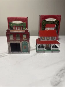 (2) Hallmark Keepsake Town and Country Ornaments Fire Station No. 1 & Farm House - Picture 1 of 4