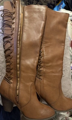 Torrid women’s Wide Calf Plus Size 9 Sexy Knee High Lace Up Boots Brown Gorgeous - Image 1 of 4