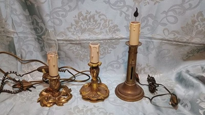 2 pieds de lampe en bronze doré + 1 bougeoir en laiton monté électrique - Photo 1/4