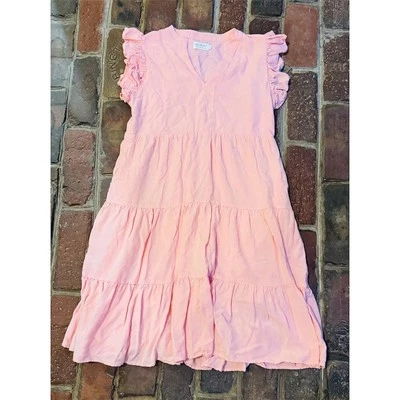 Shop the Mint Women's Pink Ruffle Sleeve Tiered Knee Length Dress S old money - Image 1 of 4