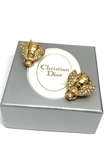 Christian Dior Vintage Gold Plated Rhinestone Bee Clip On Women's Earrings - Picture 1 of 12