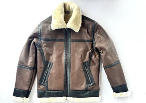 Mens Goat Sheepskin Fur Collar Leather Bomber Jacket, Winter Warm, Antique Brown - Picture 1 of 12