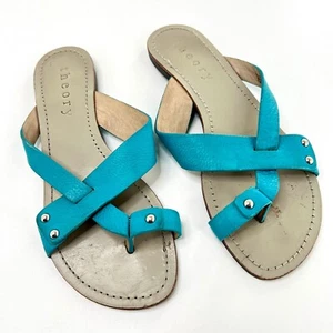 Sandalias planas Theory para mujer talla 39 de cuero azul sin cordones de verano con tachuelas verde azulado - Imagen 1 de 4
