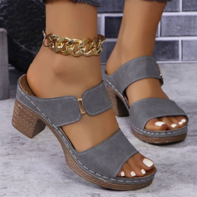 Women's Chunky Heels Sandals Peep Toe Slip On Casual Outdoor Slipper for Summer - Image 1 of 4