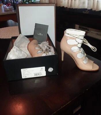 NIB COACH Kira SFT Shine Calf Snake Women Sandal Q8125 Size 5 Beachwood Cream - Image 1 of 3