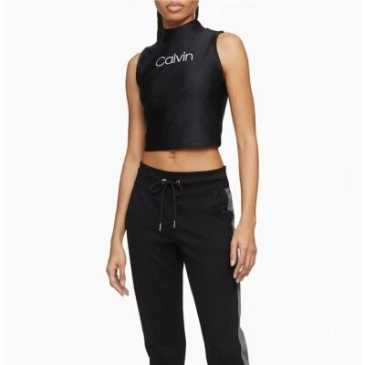 Calvin Klein Performance  Logo Mock Neck Crop Top  black, silver Large - Image 1 of 4
