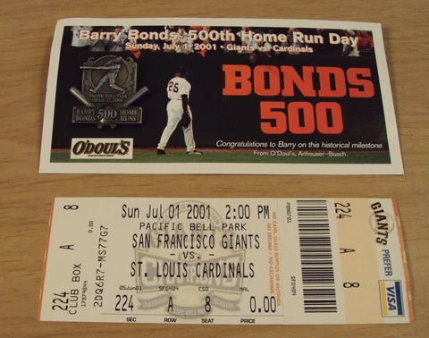 July 1, 2001 SF Giants COMMEMORATIVE Card/Pin ORIGINAL Game TICKET~"BONDS 500" Cover