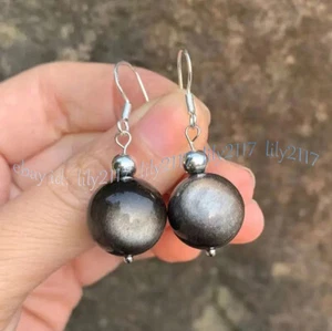 Natural Silver Obsidian Gemstone Round Beads Dangle Silver Hook Earrings 6-12mm - Picture 1 of 10