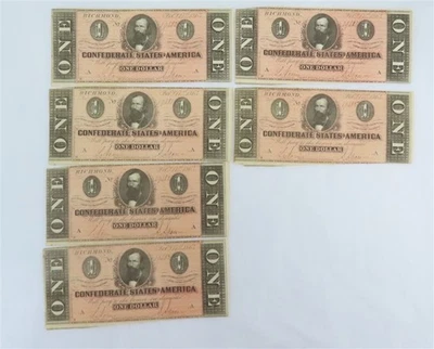 Set of (6) 1864 Uncirculated Consecutive Serial Number Confederate $1 Notes  - Image 1 of 4