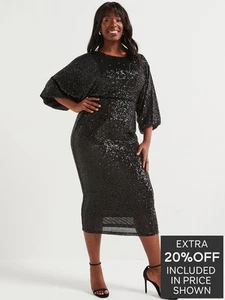 V by Very Curve 3/4 Sleeve Bow Back Sequin Midi Dress - Black UK 22 NEW RRP £65 - Picture 1 of 20