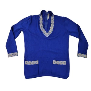 St. John V Neck Blue Pocket Santana Knit Zip Sweater Size 12 Wool Embellished - Picture 1 of 5