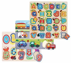 NEW Little Moppet Wooden Peg Puzzle Set Lot: ABC, Numbers & Vehicles-3 Pack 2+ - Picture 1 of 4