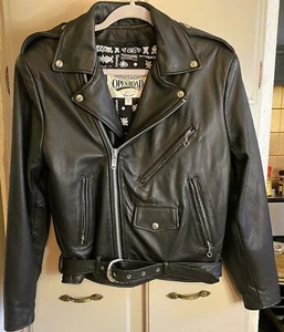 OPEN ROAD Vintage Men's Small Black Leather Biker Motorcycle Punk Rock Jacket - Picture 1 of 6