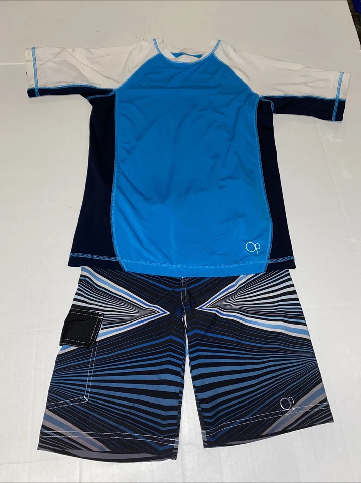 Conjunto de traje de baño OP para niño parte inferior azul talla 8 mediano con parte superior grande 10/12 usado Foto 1 de 3