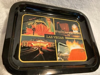 Tip Tray  Black W/Scenes Of Las Vegas 8" x 6 1/2" Metal Trinket - Image 1 of 2