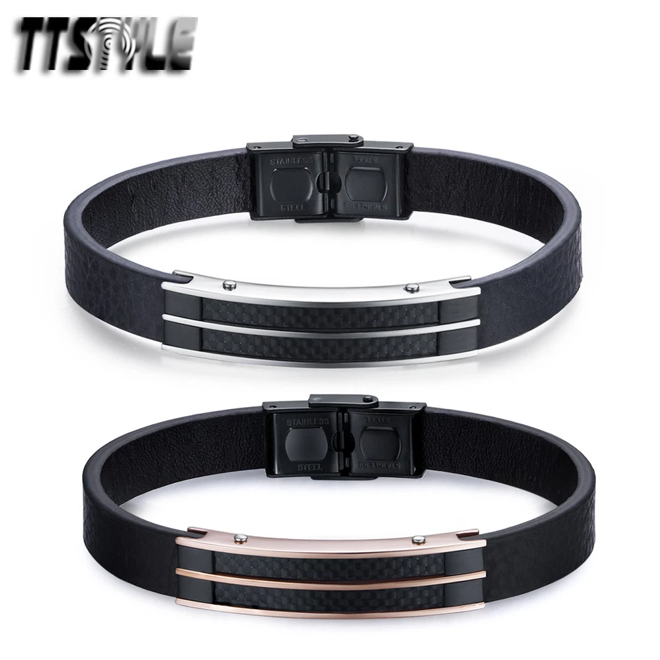 Pulsera Pulsera TTstyle Cuero Negro 316L Fibra Acero Plata/Oro Rosa NUEVA Foto 1 de 1