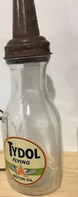 Tydol Flying "A" 1 Qt. Two Glass Motor Oil Bottles with Spout & Cap Man Cave - Image 1 of 4