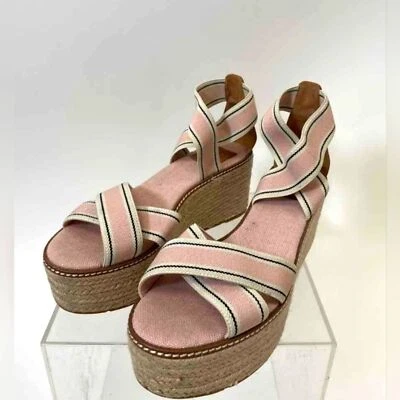 Sandálias salto Tory Burch designer listra rosa plataforma anabela espadrille 8 - Imagem 1 de 4