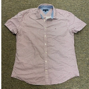 Tommy Hilfiger XXL Short Sleeve Button Down Shirt Red & White Geometric Pattern - Picture 1 of 6