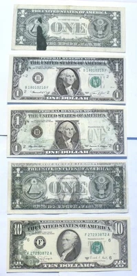 Lot (5) Inking ERROR Notes 1969 $1, 1974 $1 Offset Transfer, 1988 $10 FRN U.S. - Image 1 of 4