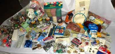 HUGE Lot CRAFT Supplies BEADS Sequins THREADS Ribbon BELLS Charms MORE - Image 1 of 4