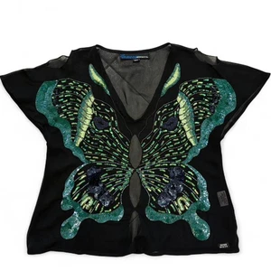 MISS SIXTY Maglia blusa nera velata paillettes verdi farfalla Tg S - Foto 1 di 18