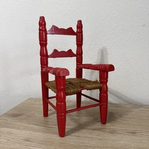 Red Large Doll Ladder Back Chair Woven Jute Seat Vintage Collectible 12” Tall - Picture 1 of 12