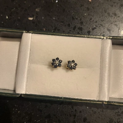 9ct Yellow Gold Traditional Sapphire And Diamond Floral Cluster Stud Earrings - Image 1 of 4