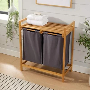 Laundry Basket with Pull out Shelf Bamboo Frame 2 Fabric Compartments Bathroom - Picture 1 of 10