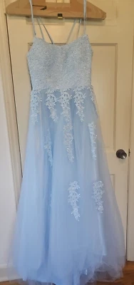 Cwoapo Spaghetti Straps Long Prom Dress Lace Appliqués Tulle Fairy Blue  SZ14 - Image 1 of 4