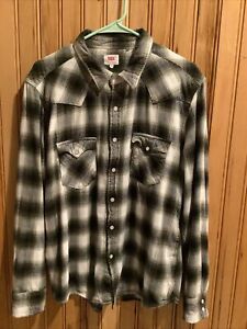 Levis Mens Flannel Shirt XL Pearl Snap Olive Green  Plaid Western Long Sleeve