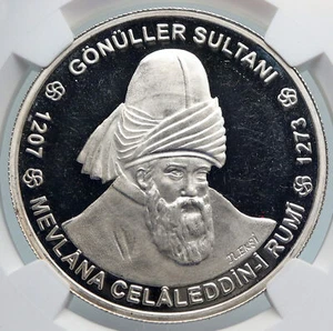 2002 TURKEY Huge MEVLANA RUMI Silver 10 Million Lira Medallion Coin NGC i89330 - Picture 1 of 5