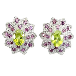 925 Sterling Silver Earrings Oval Peridot 7x5mm Rhodolite Gemstone Jewelry - Picture 1 of 10