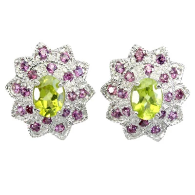 925 Sterling Silver Earrings Oval Peridot 7x5mm Rhodolite Gemstone Jewelry - Image 1 of 4