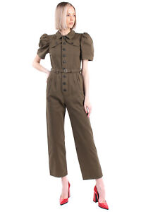 RRP €435 SEA Gabardine Jumpsuit Size 00 / 2XS Belted Cropped Short Puff Sleeve