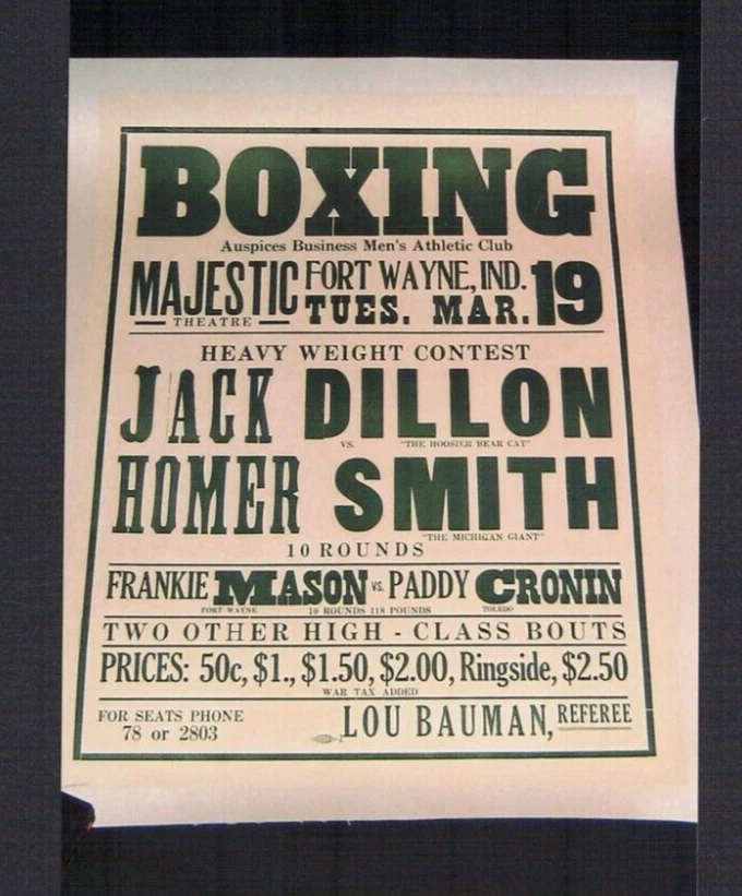 VERY RARE 1918 WORLD CHAMPION JACK DILLON HOMER SMITH boxing poster FT WAYNE IND - Image 1 of 1