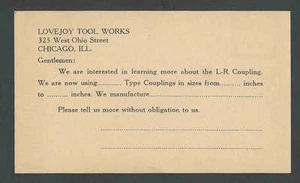 Ca 1930 PC Lovejoy Tool Works Info On Coupling Chicago Il - Bild 1 von 1