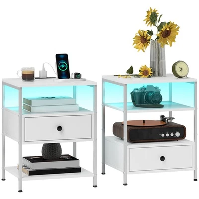 Set of 2 LED End Tables with Charging Station & 3 Shelves, White - Image 1 of 4