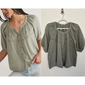 Marine Layer Wren Puff Sleeve Green Blouse Button Front Cottagecore Womens Small - Picture 1 of 9