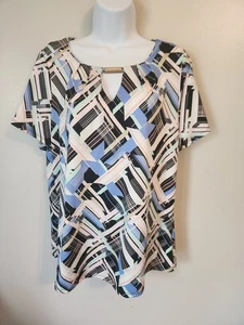 Notations Geometric Keyhole Neck Trim Short Sleeve Silky Top Womens L - Picture 1 of 6