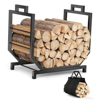  Estante de leña exterior interior con soporte de leña, estante de madera de metal negro Foto 1 de 4