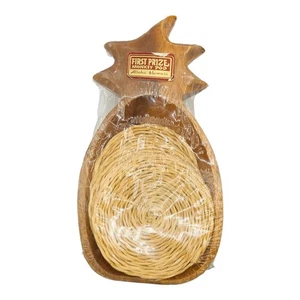Vintage Hawaii handgeschnitzt Ananas MonkeyPod Holz Schale Rattan Untersetzer Set TiKi NEU - Bild 1 von 5