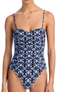 Aqua X6859 Sweetheart Ruched Printed One Piece Swimsuit, Navy/Sky, S - Picture 1 of 8