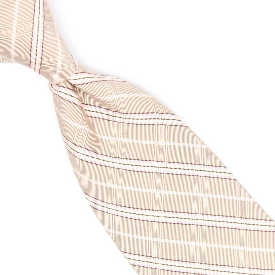 Hickey Freeman Mens Silk Cotton Necktie Light Brown Cream Pink Plaid Tie  - Image 1 of 4