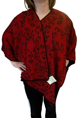Tey-Art Alpaca Cape Red Black Floral Shawl Handcrafted Reversible Wrap Poncho - Image 1 of 4