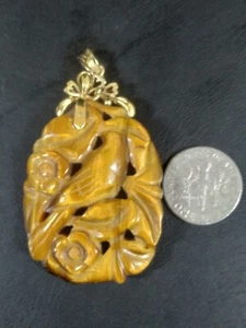 Estate Large 14K Gold Carved Bird and Flowers Tigers Eye Pendant - Picture 1 of 4