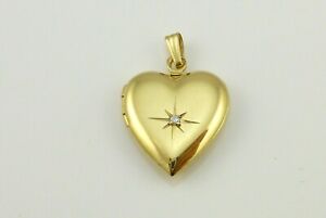 Vintage 14K Solid Yellow Gold Diamond Heart Locket Pendant Not Scrap