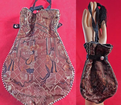 Antiguo Bolso Cartera Chinoiserie Figura Seda Damasco Corte Acero Cuentas Retícula De Colección Foto 1 de 2