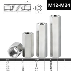 M12 M14 M16 M18 M20 A2 STAINLESS STEEL HEX CONNECTOR NUTS THREADED ROD COUPLERS - Picture 1 of 6