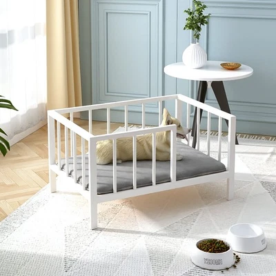 21.3" x 30" White Dog Bed with Rails, Elevated Pet Metal Bed Frame w Board & Mat - Image 1 of 4